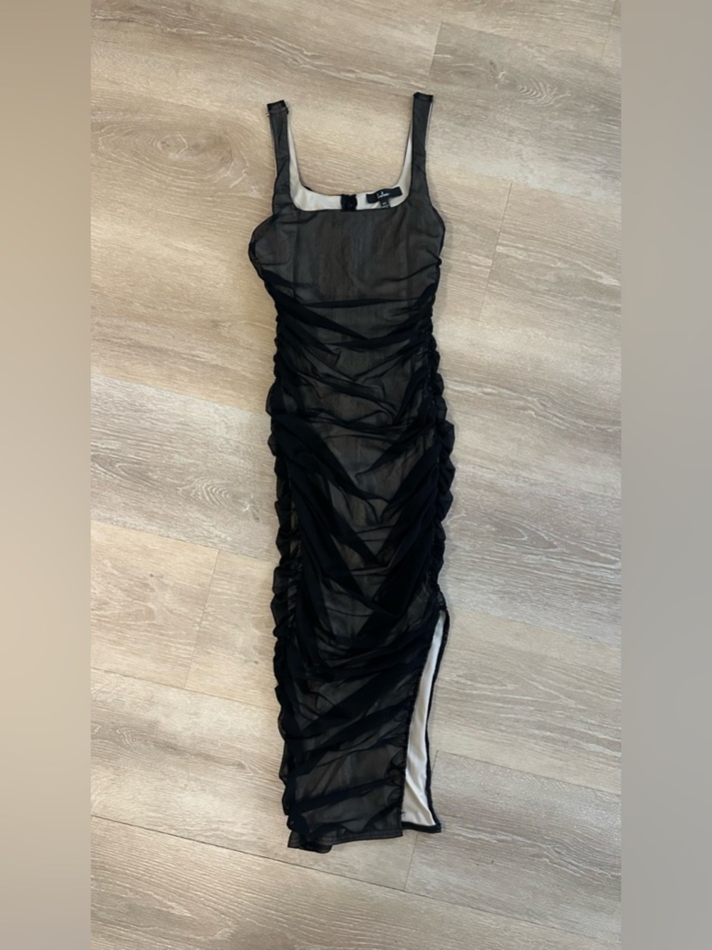 Lulus Black Sheer Mesh Ruched Midi Dress Size XS Bodycon Lined
